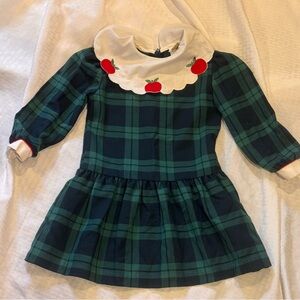 Vintage Girls 5 Green Blue Tartan Plaid  White Smock Neckline Apple Accents